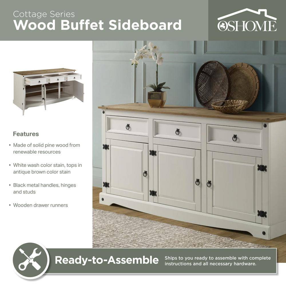 Cottage Series Distressed White Pine Wood Buffet Sideboard