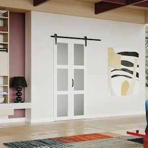 36 in. W. x 84 in. 3-Lite Frosted Glass Bi-Fold Door Finished Sliding Hardware Kit, MDF White Folding Barn Door Slab