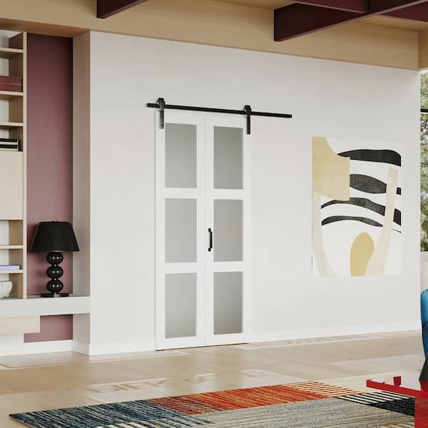 36 in. W. x 84 in. 3-Lite Frosted Glass Bi-Fold Door Finished Sliding Hardware Kit, MDF White Folding Barn Door Slab