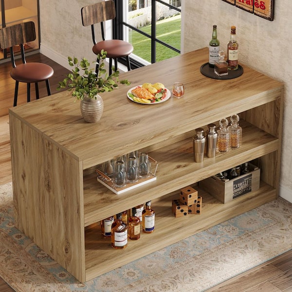BYBLIGHT Brown 59 in. W Bar Cabinets, Rectangular Home Bar Table