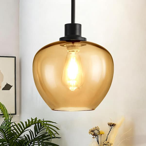 Rayhome 9.05 in. Modern Amber Adjustable Pendant Light with Apple-shaped Tinted Glass for Kitchen Island Diningroom