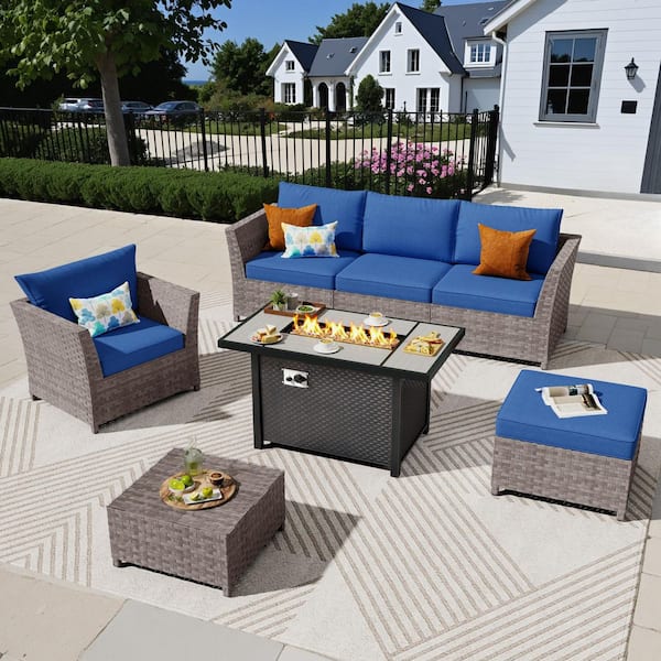 XIZZI Jasmine 7-Piece Wicker Outerdoor Patio Rectangular Fire Pit Set with Navy Blue Cushions