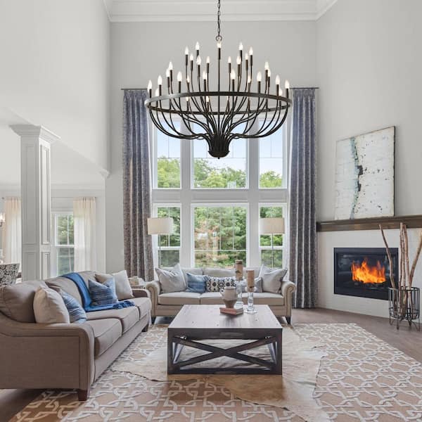 Jushua 36-Light Black Chandelier Industrial Iron Candle Chandelier