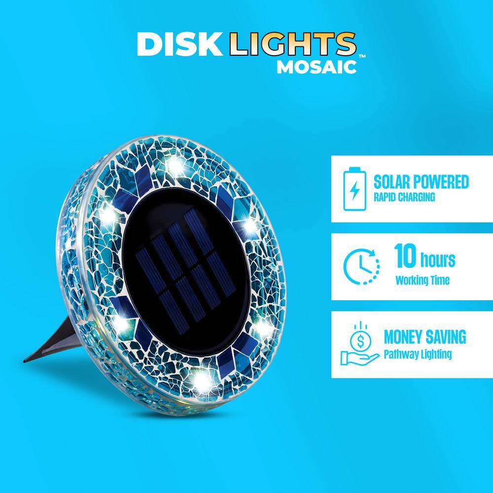 Blue Mosaic Solar Powered LED Pathway Disk Lights, Set of 8