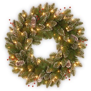 Glittery Mountain Spruce 24 in. Artificial Wreath with Battery Operated Warm White LED Lights