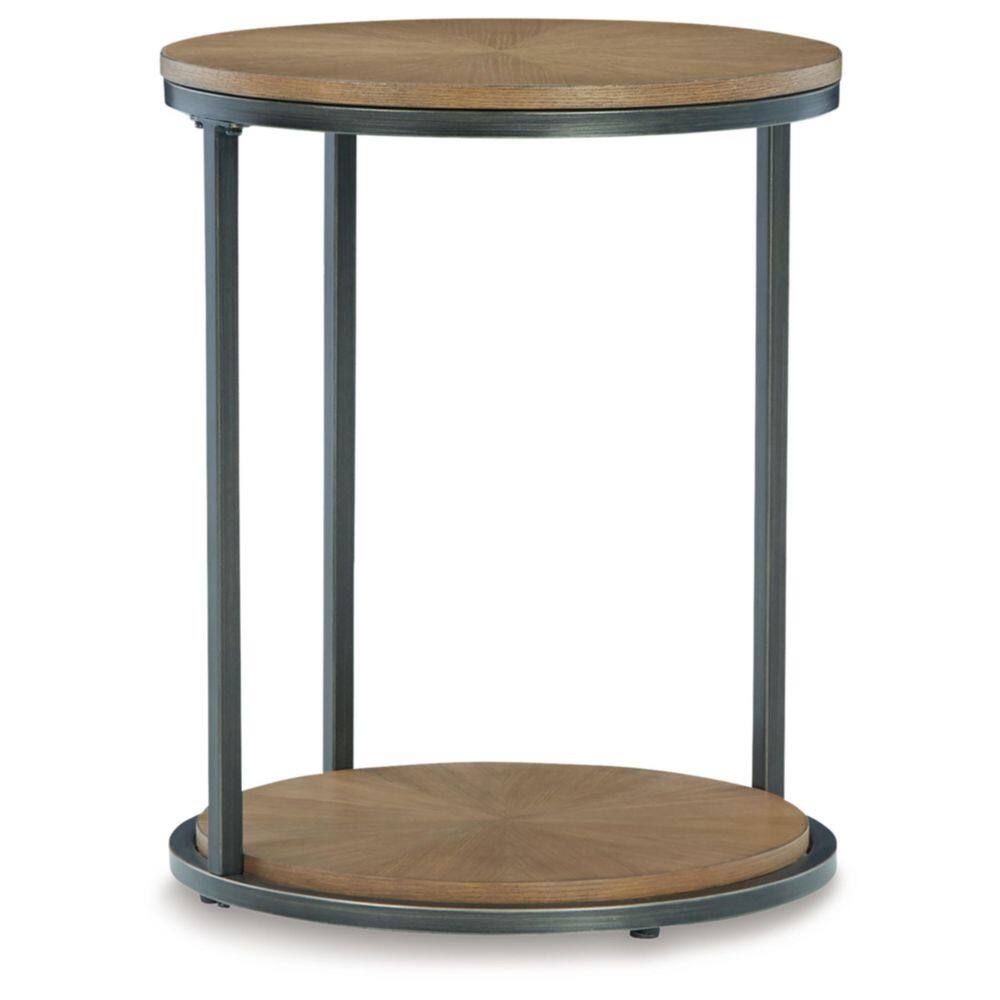 Round Black and Brown Wood Metal End Table with Storage