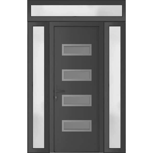 56 in. x 94 in. Right-hand/Inswing Frosted Glass Antracite Grey Steel Prehung Front Door with Hardware