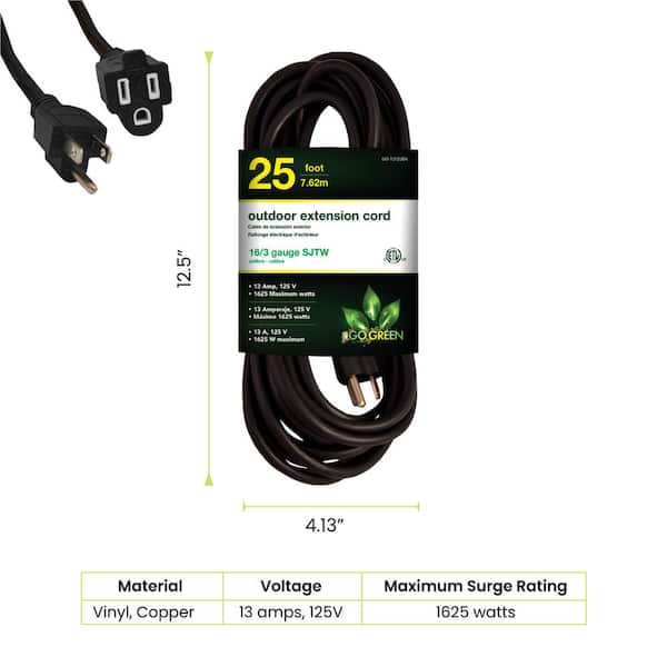GoGreen Power 25 ft. 16/3 Heavy Duty Extension Cord - Black GG