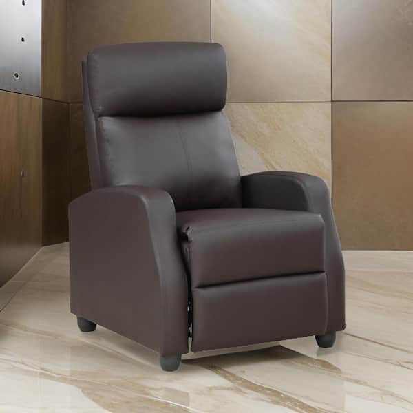 Benjara Brown Faux Leather Push Back Recliner with Solid Wood