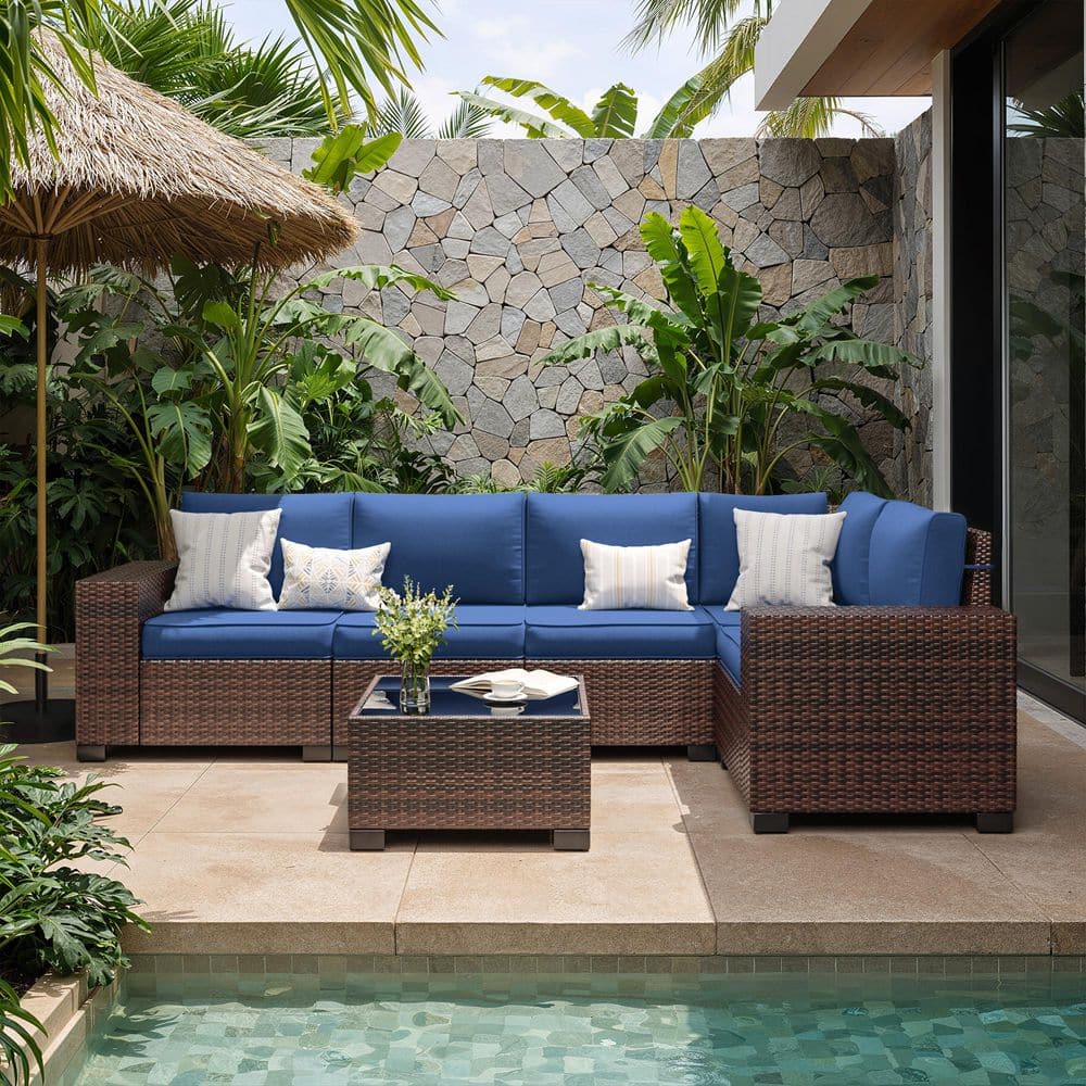 Brown 6-Piece Outdoor Wicker Sectional Seating Group with Navy Blue Cushions price history on PriceWatchPro