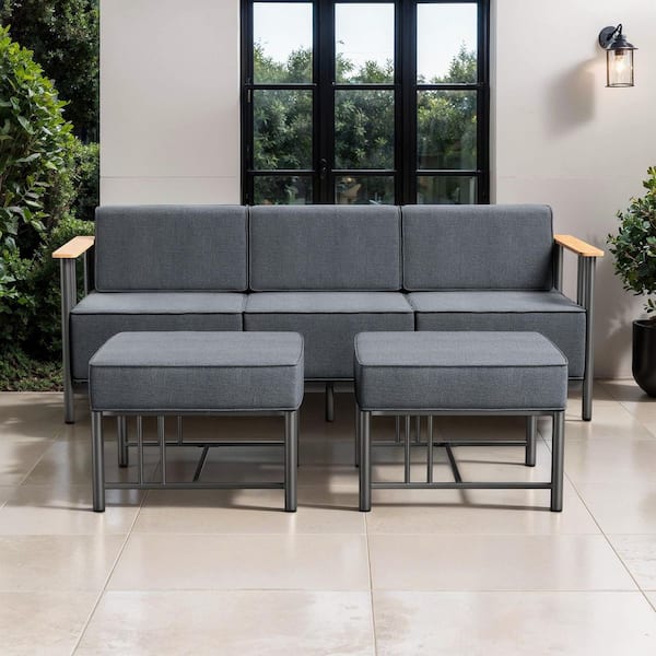 Arcadia 3-Piece Black Metal Outdoor 3-Seat Couch with 10 in. Thick Drak Gray Box-Edge Cushions and ottomans