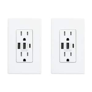 30-Watt 15 Amp 3-Port Type C and Dual Type A USB Duplex Wall Outlet, Wall Plate Included, White (2-Pack)