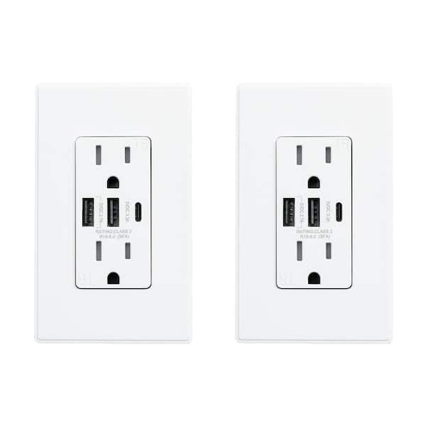 30-Watt 15 Amp 3-Port Type C and Dual Type A USB Duplex Wall Outlet, Wall Plate Included, White (2-Pack)