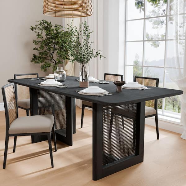 Lirago Rectangle Black Color Oak Wood 67 in. Double Pedestal Dining Table Seats 6