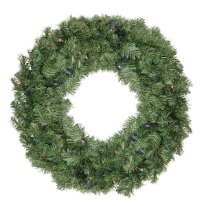 24 in. Pre-Lit LED Canadian Pine Artificial Christmas Wreath with Timer - Multi Lights