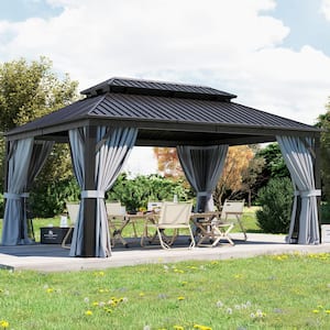 16 ft. x 12 ft. Double Galvanized Steel Roof Patio Hardtop Gazebo with Aluminum Frame, Ceiling Hook,Curtains and Netting