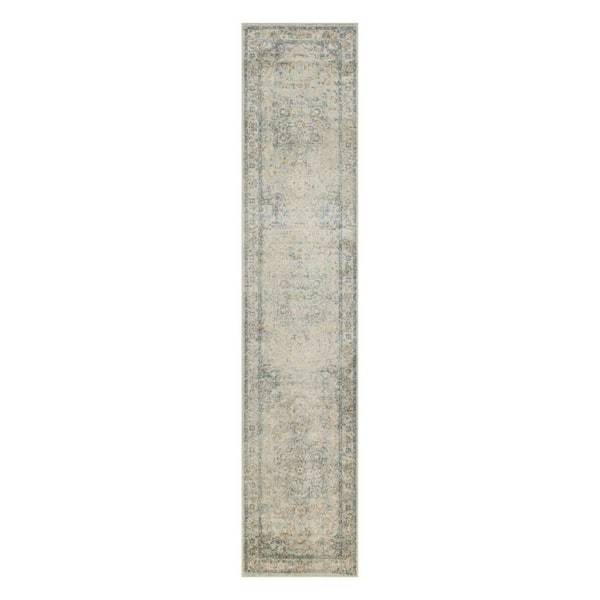 1 X 9 ft. Blue And Ivory Floral Medallion Distressed Washable Runner Rug