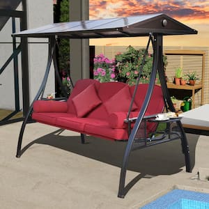 3-Seat Outdoor Porch Swings with Adjustable PC Canopy, Cushions, Foldable Cup Holders and Pillows, Wine Red