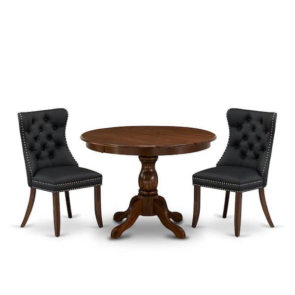 East West Furniture 3-Piece Antique Walnut Finish Solid Wood Top-Round Upholstered Dining Room Set-Seats 4
