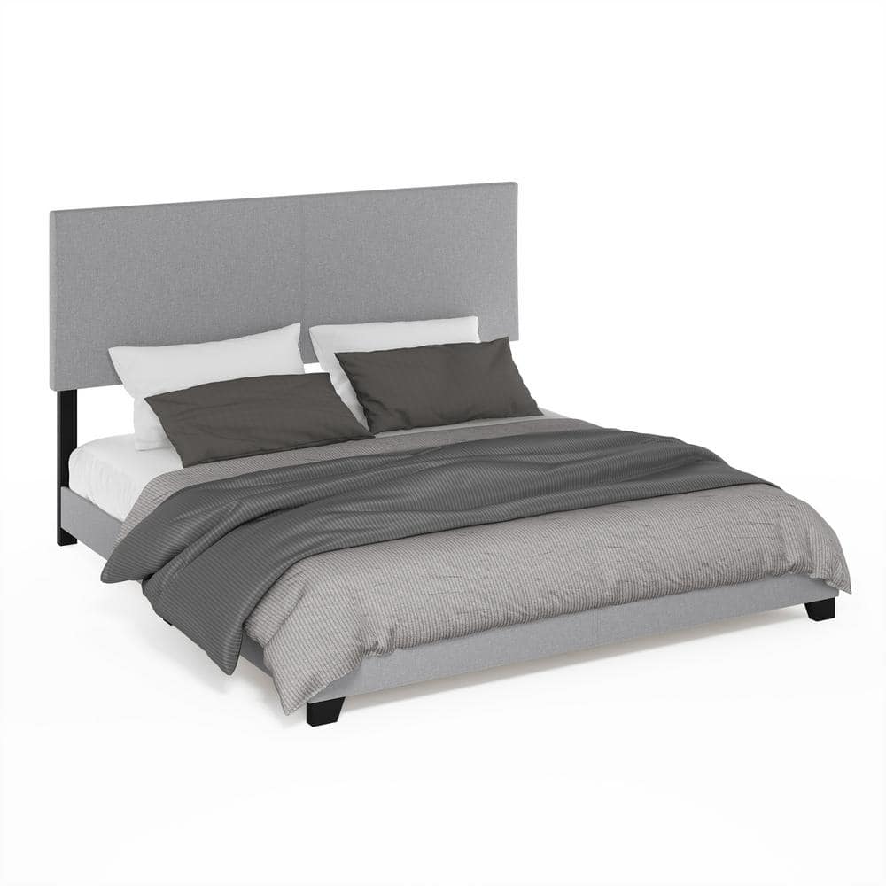 King Glacier Linen Upholstered Bed Frame with Wooden Slats