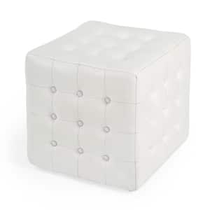 Leon White Leather Square Single Cube Ottoman