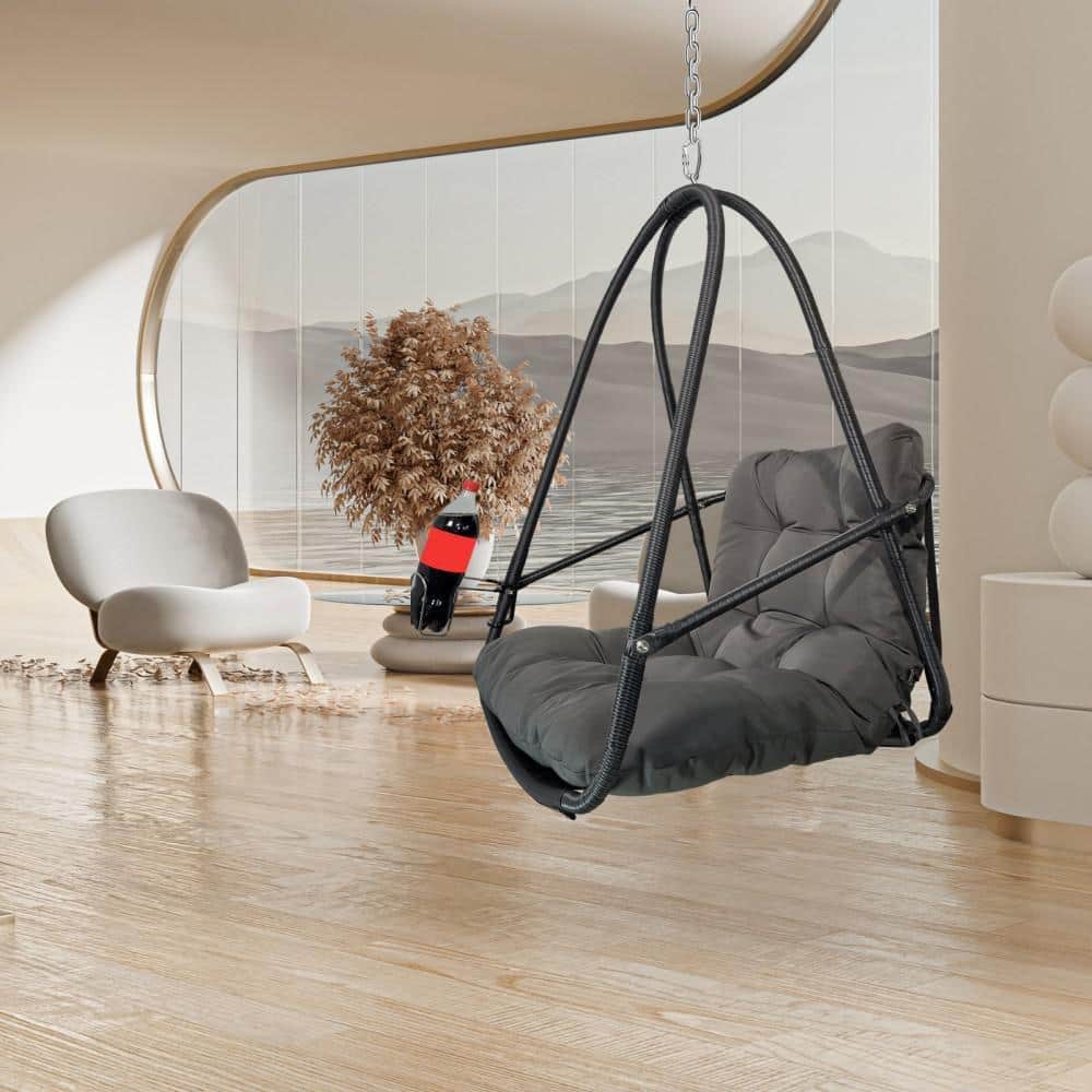 1-Person Gray Wicker Outdoor Patio Swing Hanging with Cushion and Pillow