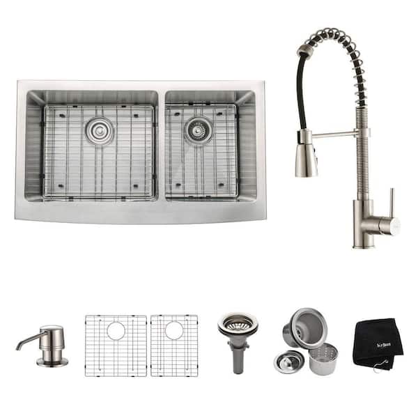 KRAUS All-in-One Farmhouse Apron Front Stainless Steel 36 in. Double Bowl Kitchen Sink with Faucet in Stainless Steel
