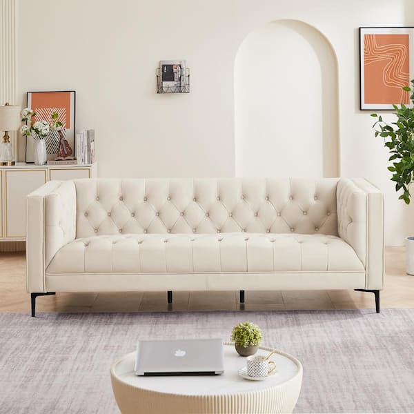Ashcroft Furniture Co Hector 88 in. Square Arm Genuine Leather Rectangle Modern Chesterfield Sofa in Cream White