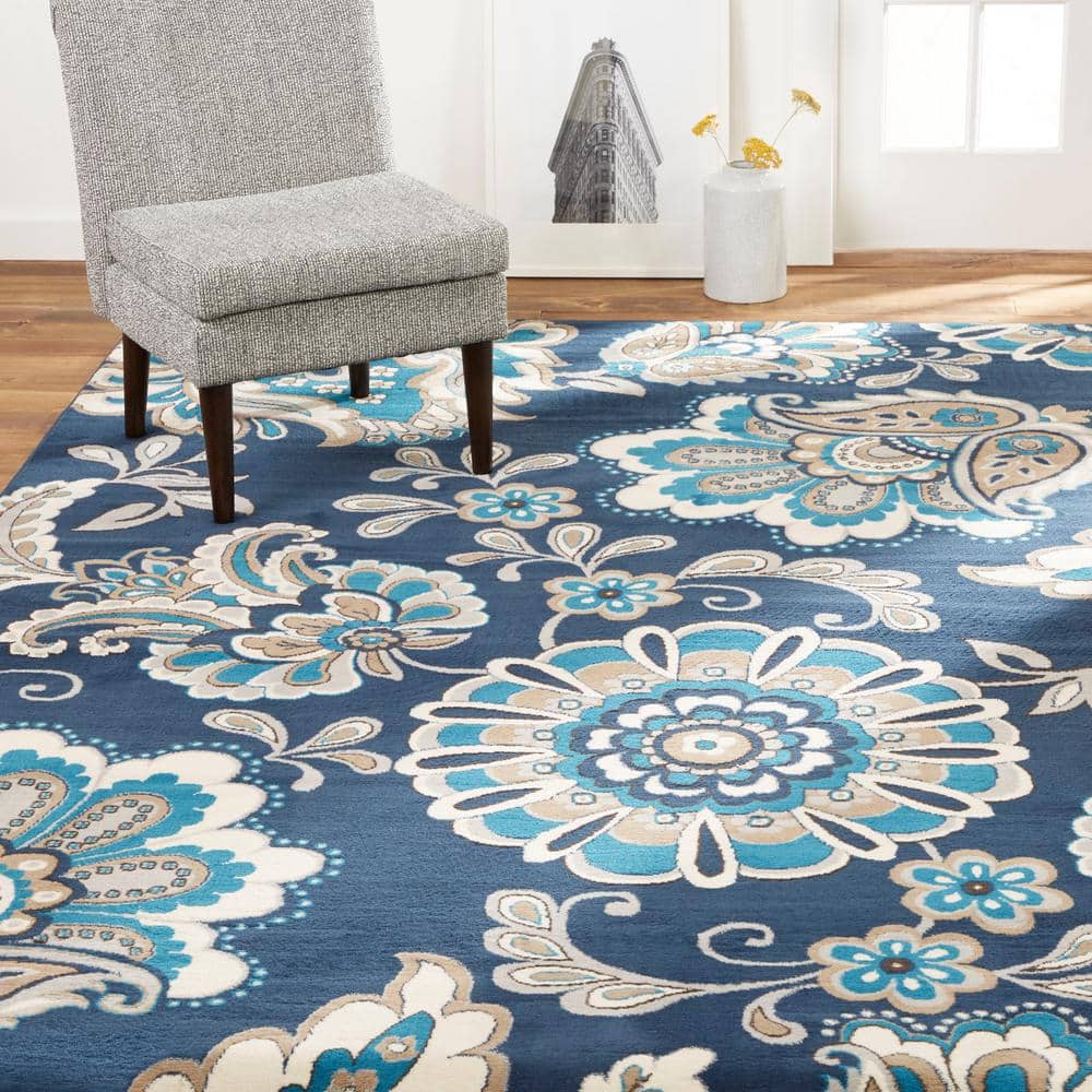 Tremont Lincoln Navy Blue and Grey Floral Area Rug