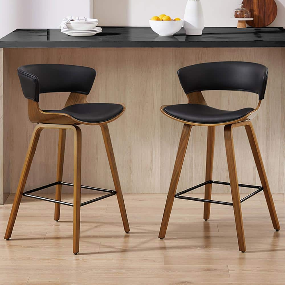 Iya 26.97 in. Seat Height Black Faux Leather Counter Stools with Metal/Wood Frame and Metal Footrest, (Set of 2)