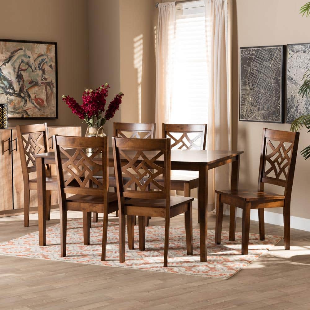 Nicolette Walnut Brown Wood 7-Piece Dining Set with Geometric Cut-Out Chairs