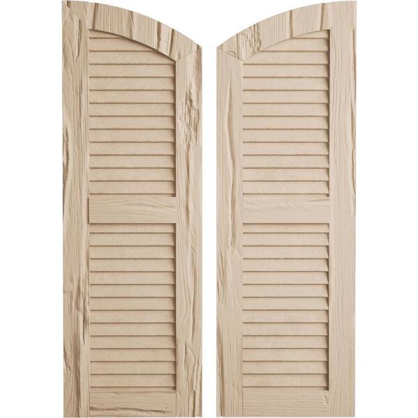 Ekena Millwork 12 in. x 42 in. Polyurethane Riverwood Two Equal Louver w/Elliptical Top Faux Wood Shutters (Per Pair), Primed Tan