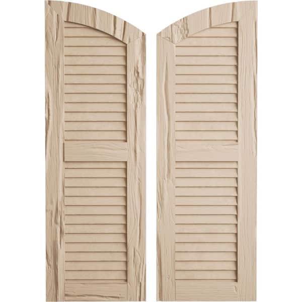 Ekena Millwork 18 x 40 in. Timberthane Polyurethane Riverwood 2-Equal Louvered with Elliptical Top Faux Wood Shutters Pair in Primed