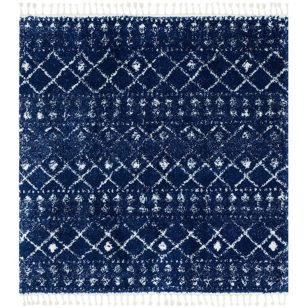 SAFAVIEH Berber Fringe Shag Dark Blue/Ivory 7 ft. x 7 ft. Ikat Square Area Rug