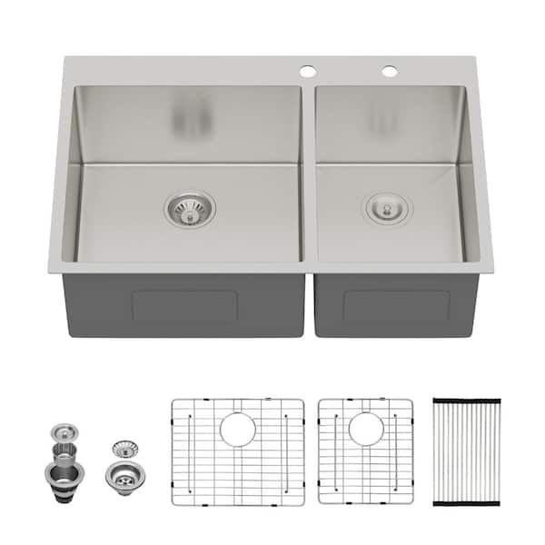 33 in. Drop-In Double Bowl Brushed Nickel Stainless Steel Kitchen Sink with Two 10" Deep Basin