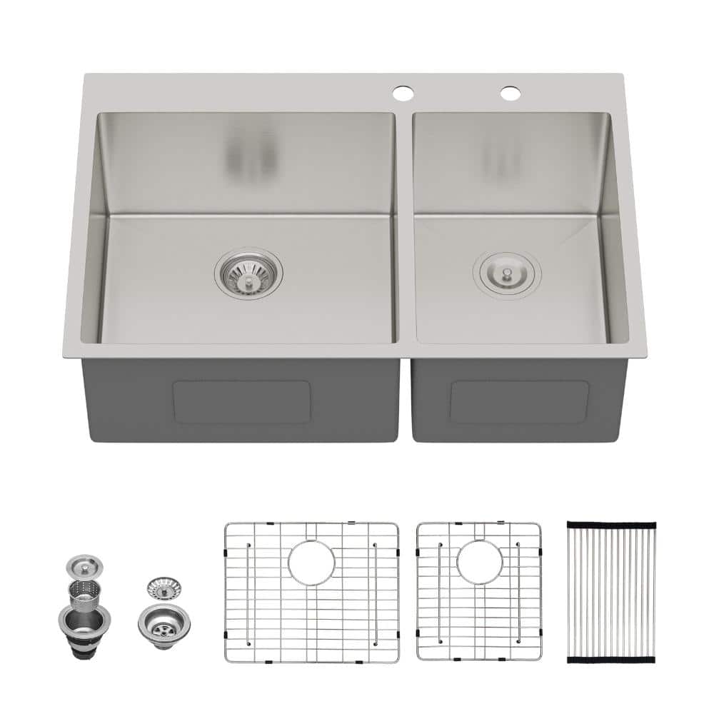 33 in. Drop-In Double Bowl(60/40)  16-Gauge Brushed Nickel Stainless Steel Kitchen Sink with Bottom Grids price history on PriceWatchPro