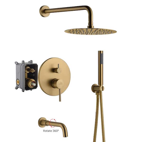 CASAINC 1-Spray Patterns Round 10 in. Wall Mount Dual Shower Heads with Handheld and Tub Faucet in Brushed Gold