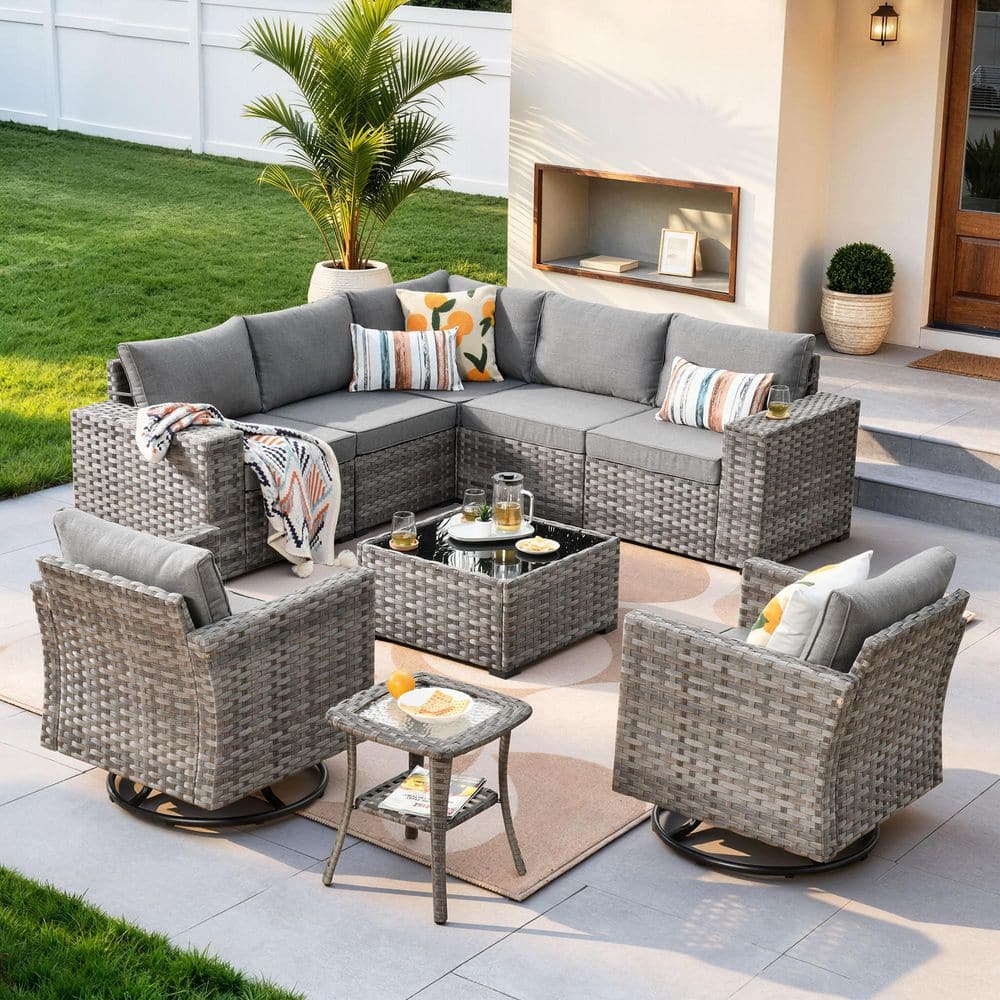 Claret 9-Piece All-Weather Wicker Outdoor Patio Sectional Furniture Set with Swivel Chairs and Dark Gray Cushions price history on PriceWatchPro