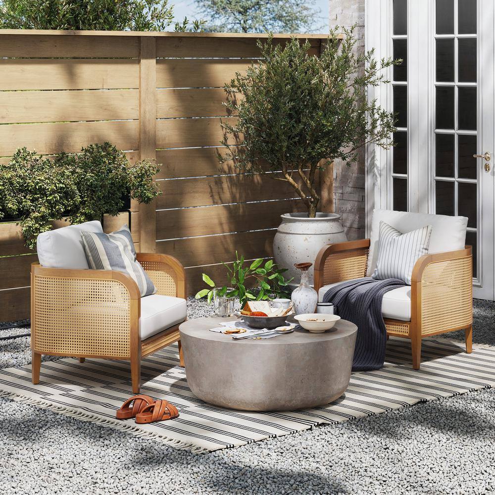 Twila Bohemian White Cushioned Patio Chair with Acacia Wood Frame