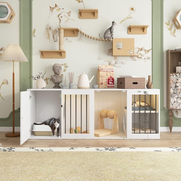 Large Cat House Wooden Litter Box Enclosure Furniture with 2-Cat Hole, Indoor Cat Cabinet Bed End Bench in White