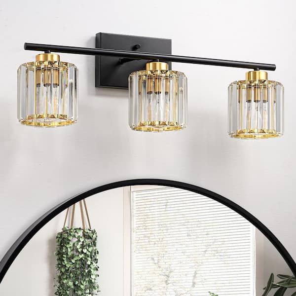 24 in. 3-Light Black Bathroom Dimmable Vanity Light with round crystal glass shades