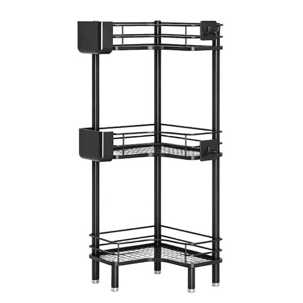 3 Tier Sturdy Adjustable Legs Shower Caddy with Large Spacing, Toothbrush Holder, Hooks, Drainage and Rustproof in Black