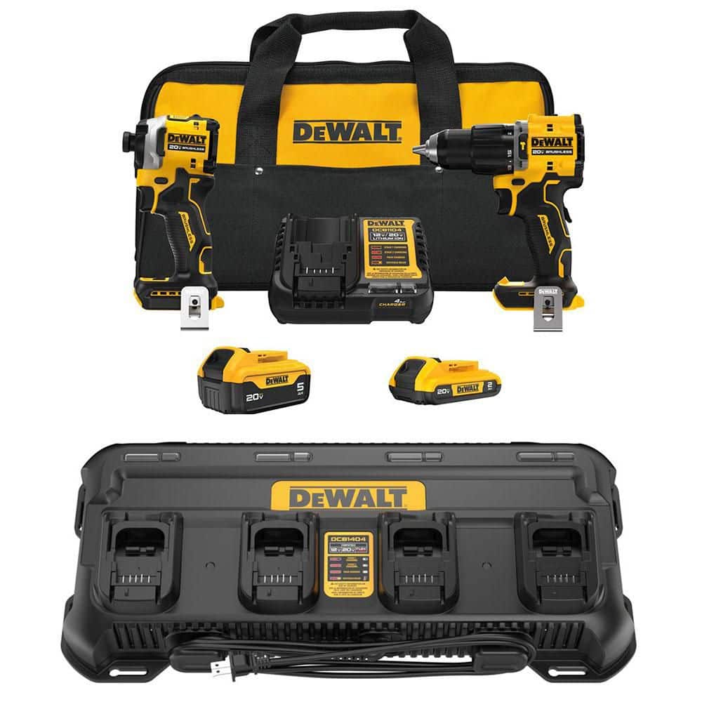 DEWALT ATOMIC 20V MAX Lithium-Ion Cordless 2-Tool Combo Kit and 4-Port Charger with 5Ah and2 Ah Batteries, Charger and Kit Bag (DCK200D1P1W1404)