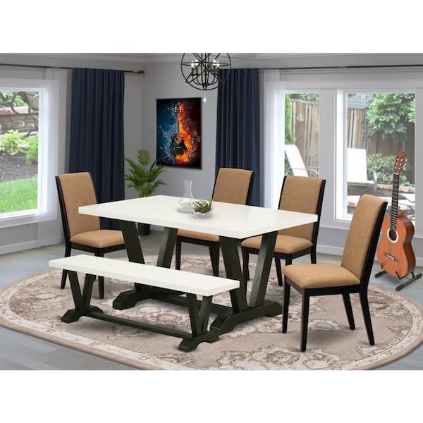 East West Furniture 6-Piece Rectangle Natural Oak Finish Solid Wood Top Dining Table with 1-Bench, 4-Chairs with Lattice Back