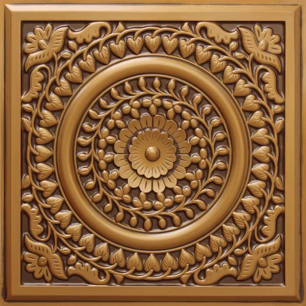 Dundee Deco Falkirk Perth Antique Gold 2 ft. x 2 ft. Decorative Rustic Glue Up or Lay In Ceiling Tile (4 sq. ft./case)