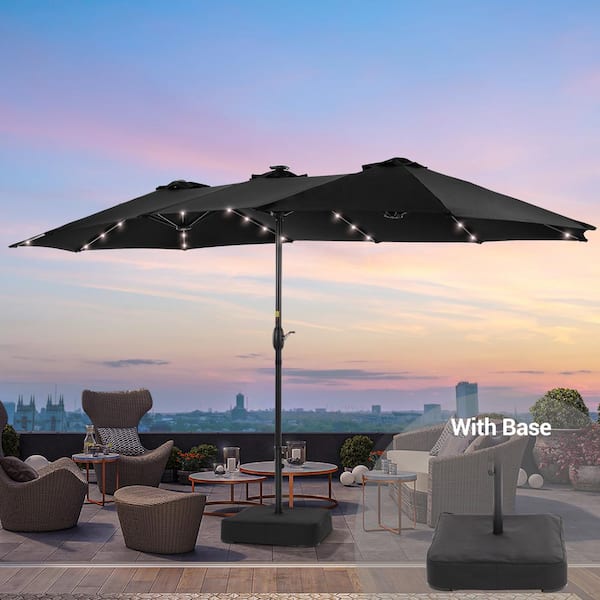 JOYESERY 15 ft. x 9 ft. Solar LED Lighted Outdoor Double-Sided Patio Market Umbrella with Crank and Base in Black