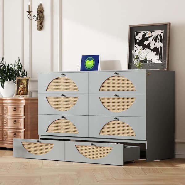 Gray Wood Frame Queen Size Murphy Bed Half-Moon Rattan Designed with Large Drawer, USB Ports and Outlets