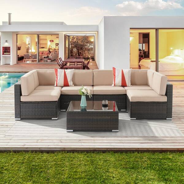 Sonkuki 7-Piece PE Wicker Patio Furniture Set Outdoor Rattan Sectional ...