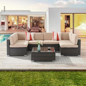 7-Piece PE Wicker Patio Furniture Set Outdoor Rattan Sectional Sofa Sets With Oyster White Cushion