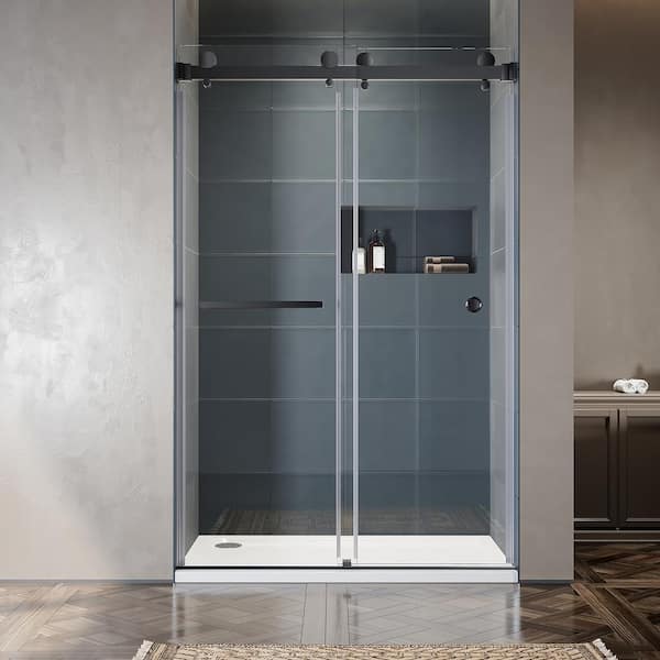 UKD01 46 to 49 in. W x 80 in. H Double Sliding Frameless Shower Door in Matte Black, EnduroShield 3/8 in. Clear Glass